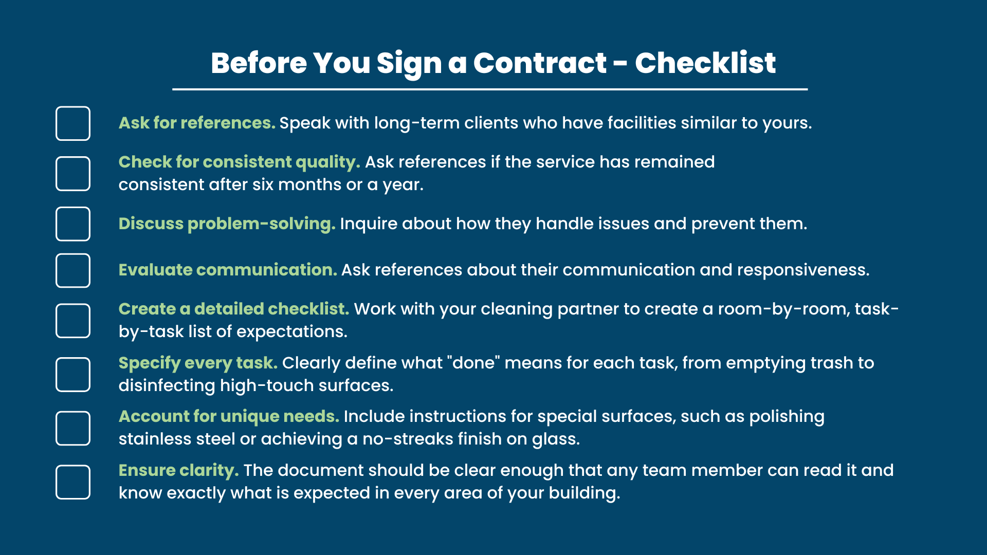 A checklist titled "Before You Sign a Contract" with six bulleted steps for evaluating a cleaning partner, including references, checklists, clarity, and communication.